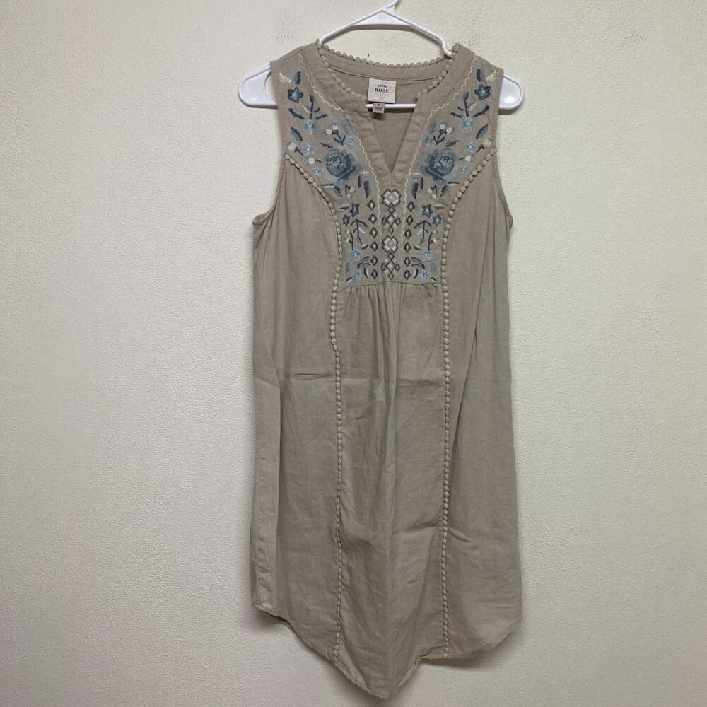 Knox Rose Embroidered Linen Blend Sleeveless Shift Dress Oatmeal Cottage Core M